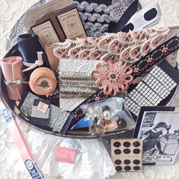 Vintage Other - Vintage Sewing Notion Tin - Pink & Black